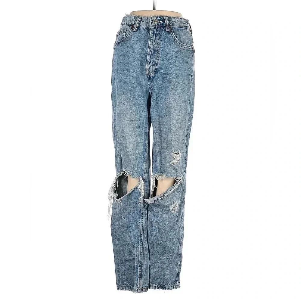 Zara sz 2 ripped Knee Jeans High Waist Distressed Denim Light Wash Casual Trendy